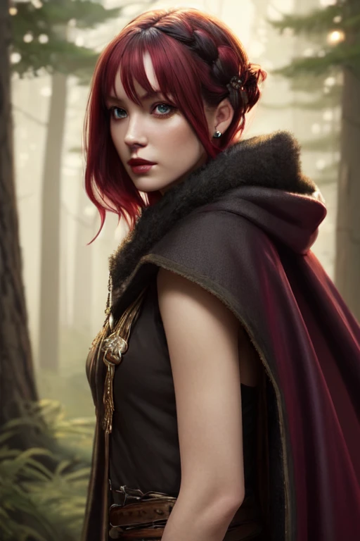 cinematic side portrait rugged female angel, adventurer outfit large cloak, fantasy forest landscape, dragon scales in hair, fantasy magic, undercut hairstyle, short red black fade hair, dark light night, intricate, elegant, sharp focus, illustration, high...