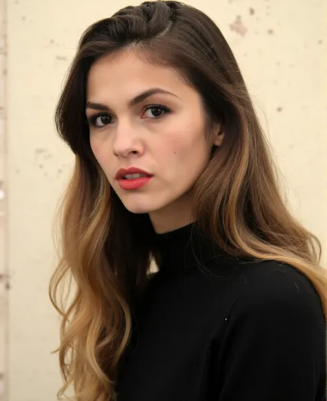 This is a high-resolution photograph of a young woman with fair skin and long, wavy brown hair that transitions to a lighter shade at the ends. She has a striking, intense gaze directed at the camera, with her large, dark brown eyes accentuated by subtle m...