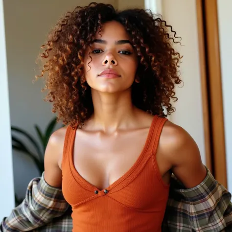 This photograph features a young woman with a warm, golden brown complexion and curly, voluminous, shoulder-length hair styled in loose, natural curls. She has expressive, almond-shaped eyes and a gentle smile. Her facial features suggest she might be of m...