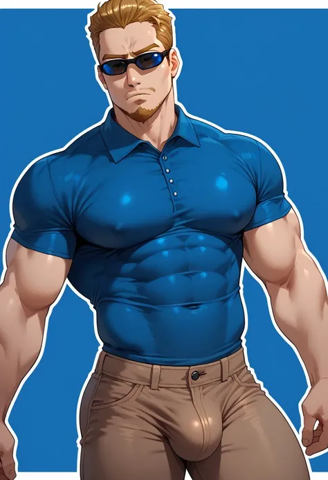 PC Principal, Blonde hair, Facial hair, Male, Middle aged, short hair, Blue shirt, brown pants, sunglasses, solo, 1boy, Portrait. muscular, big pecs, blue shirt, brown pants, shirt too tight, pants tight, big bulge, large bulge, bara, simple background, bl...