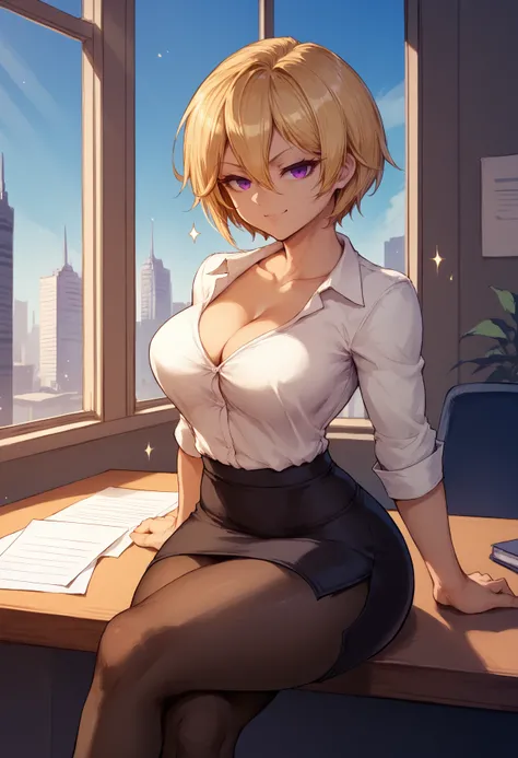 score_9, score_8_up, score_7_up, 1girl, clgret, purple eyes, short hair, hair between eyes, blonde hair, large breasts,
collarbone, dress shirt, pencil skirt, cleavage, tight shirt, black pantyhose,
looking at viewer, smug, toned, sitting, crossed legs, si...