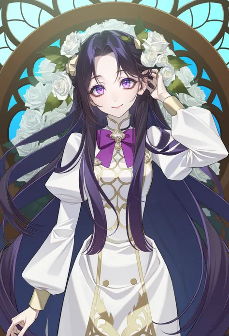 1girl adjusting_hair aged_down black_hair bow child closed_mouth dress flower hair_bow hand_up head_tilt juliet_sleeves leaf long_dress long_hair long_sleeves looking_at_viewer parted_bangs puffy_sleeves purple_eyes rose smile solo straight-on upper_body v...