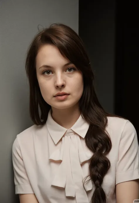 Pamela Aeris in a portrait by Vogue magazine. her hair is in a braid and she is wearing a shirt with a ruffled collar