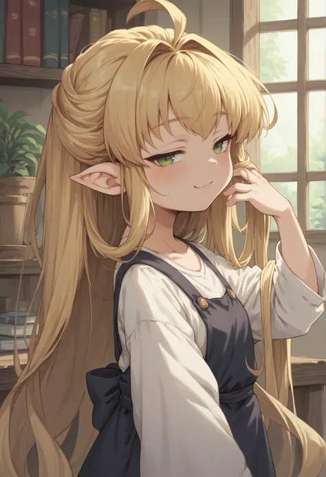 anime screencap, 1girl, Absurdly Long Hair, blonde hair, shortstack, green eyes, pointy ears, from side, hand on hair, smug, half-closed eyes, mesugaki, closed mouth, tilt head, indoors, inn <lora:Melissabele_GB:1>, score_9, score_8_up, score_7_up, score_6...