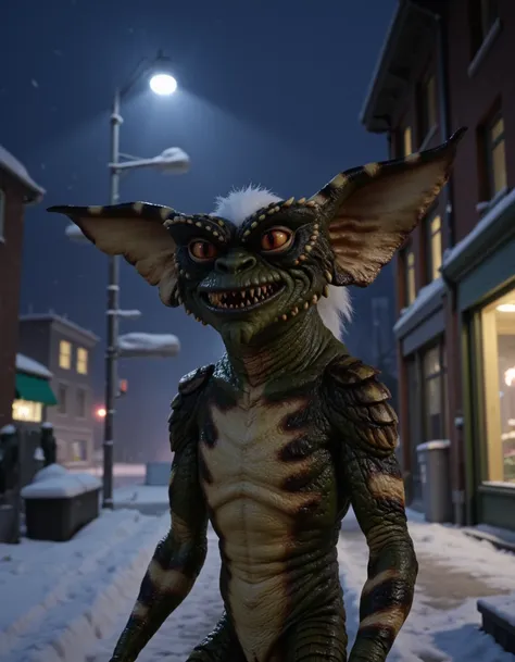 photo realistic, JDGremlin creature standing in town at night in winter <lora:JDGremlin_Flux_v1:1.3>