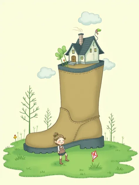 This is an illustration with a boot-shaped cottage in the background and the little girl placed on the grass to kite.