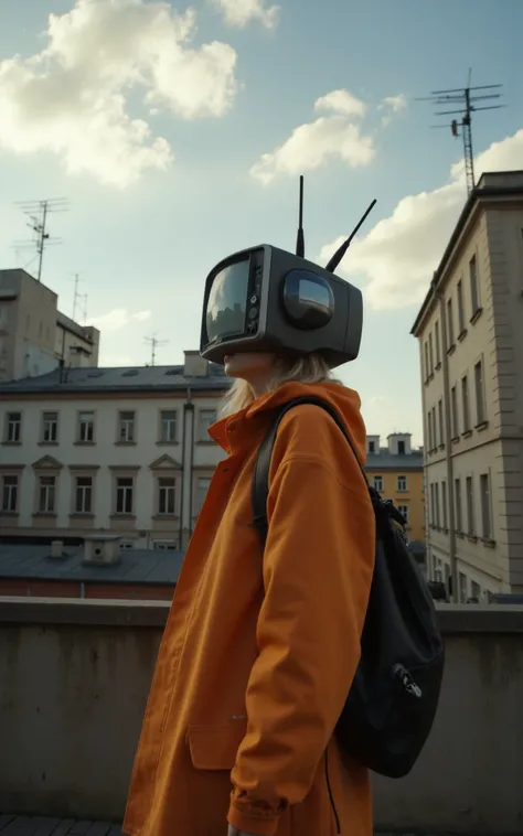 (((futuristic vibe)))
(front side view )The figure of a girl with a ((small retro futuristic TV, (with two antennas on the sides))) instead of a head, dressed in a bright orange jacket and with a black backpack, stands against the background of the citysca...