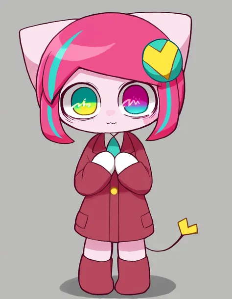 <lora:MogekoOkegom_Art_Style_for_Pony_XL:1.2> dsp, megeko, artist:dsp
<lora:PoyoroidSou:0.76> poyosou, 1girl, solo, pink hair, heterochromia, tail, multicolored eyes, streaked hair, hair accessory
 Mischievous:1.2,  Hands cupping face