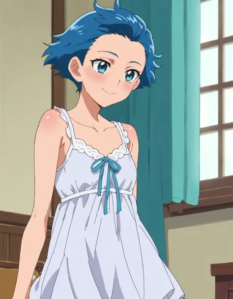 score_9, score_8_up, score_7_up, anime screencap, solo,1girl, blue eyes, blue hair, short hair, smile, solo, blush,nightgown<lora:jun:0.8>