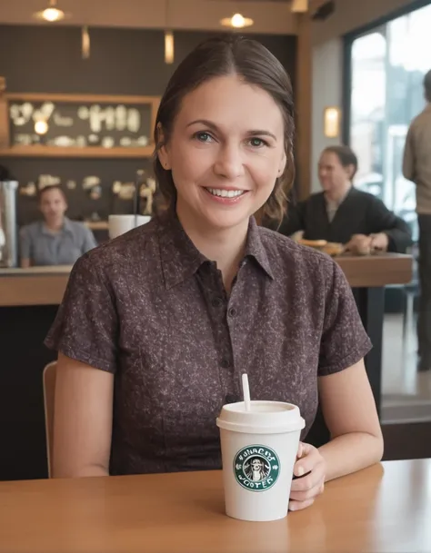 a professional absurdres sharp-focus intricately detailed portrait photograph of Sutton_Foster, 
performing a spoken word performance in a boutique coffee shop in Dubuque with a thin and wry smile,
 <lora:Sutton_Foster-PDXL:1.2>