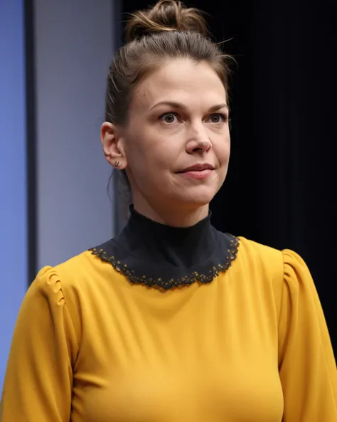 a professional absurdres sharp-focus intricately detailed photograph of  (Sutton_Foster:1.1), 
performing in the broadway show "The Importance of Being Orville Reddenbocker" 
wearing a butter-inspired turtleneck costume,
 <lora:Sutton_Foster-SD:0.8>