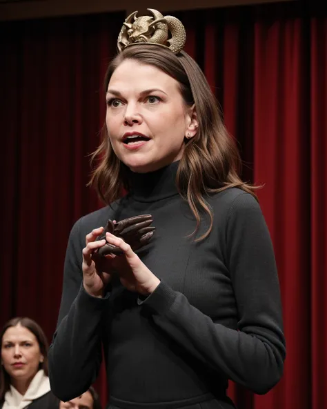 a professional absurdres sharp-focus intricately detailed photograph of  (Sutton_Foster:1.1), 
performing in the broadway show "The Importance of Being Aleister Crowley" 
wearing a occultist-inspired turtleneck costume, summoning all manner of demons on-st...