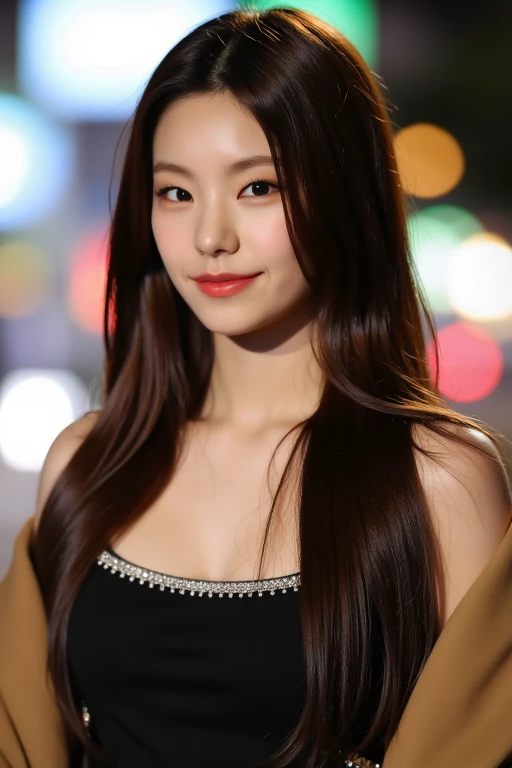 masterpiece, best quality, ultra-detailed, ultra high res, (photorealistic:1.4), raw photo, (realistic:0.2), 8k HDR, realistic lighting, 1girl, solo, asymmetrical hair, outdoor, night, (city background:1.4), bokeh, (detailed lips), (detailed pores), (detai...