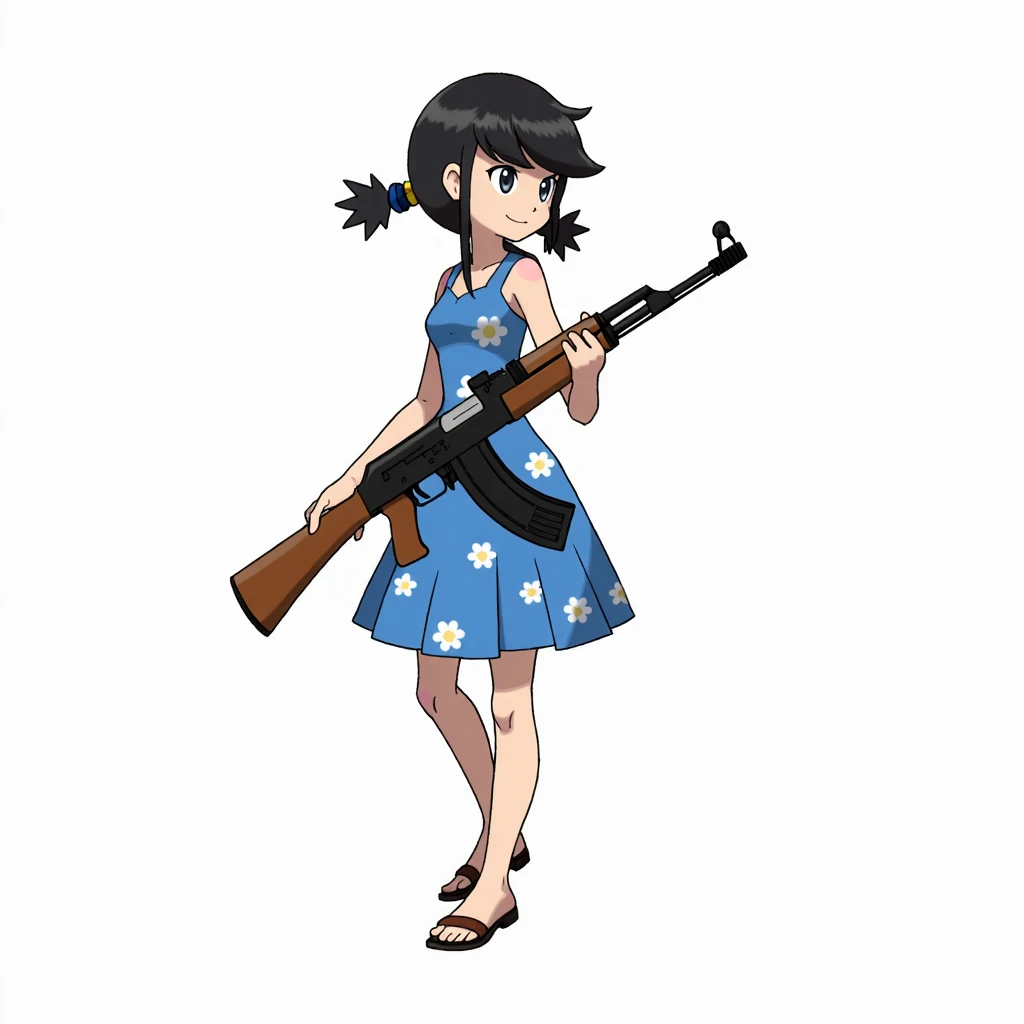 pokemon_sprite, a sprite from a pokemon game, a woman in a blue summer dress with floral pattern, holding an AK47, white background <lora:pokemon_sprite:1>