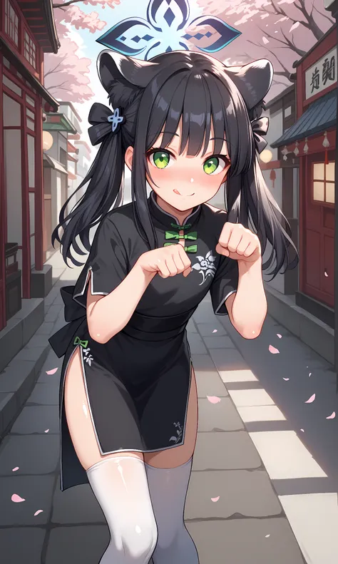 score_9, score_8_up, score_7_up, source_anime, 1girl, solo, outdoors, street, cherry blossoms, cowboy shot, standing, looking at viewer, shiny skin, sunohara_shun, green eyes, black hair, bangs, twintails, hair bow, hair ornament, animal ears, halo, chines...