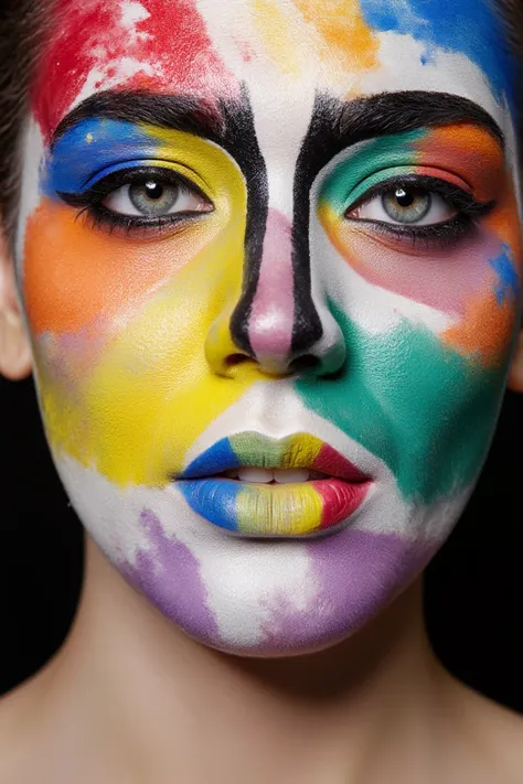 photograph of a woman's face with vibrant, colorful makeup. the makeup features bold, black and white lines and a mix of bright ...