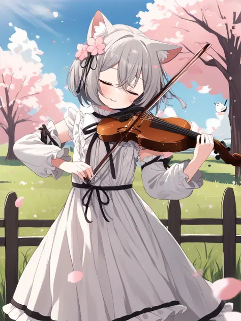 1girl,cherry blossoms,hair flower,pink flower,hair ribbon,cat ears,animal ear fluff,grey hair,short hair,bangs,hair between eyes,smile,eyebrows visible through hair,blush,closed mouth,neck ribbon,white dress,crease,frilled_collar,detached_sleeves,flat ches...