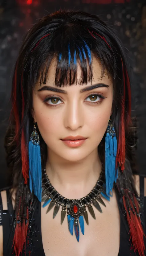 closeup portrait of a goth woman, messy straight-cut cleopatra bob, bangs, multi-tone hair (black with red and blue highlights), long earrings, necklaces, heavy make-up, red lips, dark eyeshadow, dark background