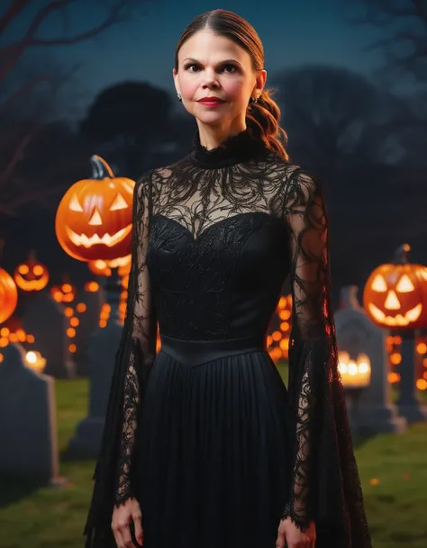 a professional absurdres sharp-focus intricately detailed portrait photograph of Sutton_Foster, 
A vampire fashion model with glowing red eyes, draped in a sleek, flowing black dress with intricate lace turtleneck, standing in front of a graveyard illumina...