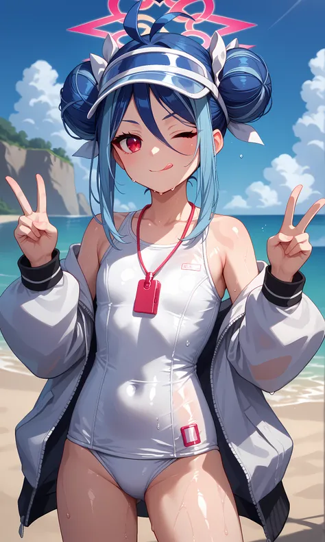 score_9, score_8_up, score_7_up, source_anime, 1girl, solo, outdoors, beach, cowboy shot, standing, looking at viewer, shiny skin, fubuki, red eyes, blue hair, streaked hair, double bun, sidelocks, antenna hair,  halo, visor cap, old school swimsuit, white...