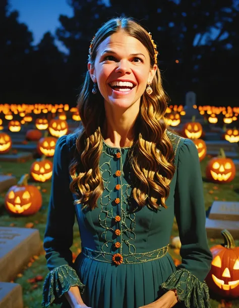 a professional absurdres sharp-focus intricately detailed portrait photograph of Sutton_Foster, 
performing a spoken word performance in a graveyard, illuminated by torches and jack-o-lanterns and an occasional burning disembodied foot, thin and wry smile,...