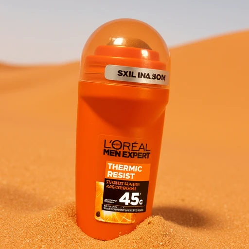 A high-resolution photograph of a bottle of LOreal Men Expert Thermic Resist Anti-Perspirant. The bottle is positioned upright on a patch of sand, behind is the Sahara desert, orange, red and rich sand. The bottle is made of a vibrant, matte orange plastic...