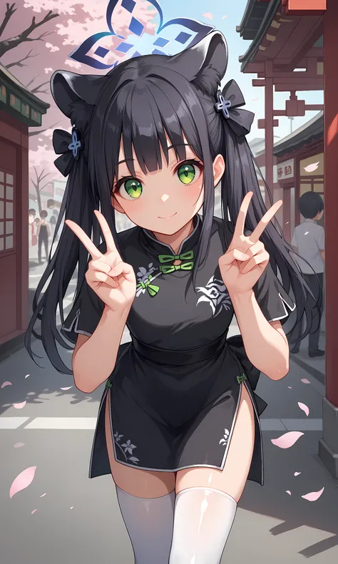 score_9, score_8_up, score_7_up, source_anime, 1girl, solo, outdoors, street, cherry blossoms, cowboy shot, standing, looking at viewer, shiny skin, sunohara_shun, green eyes, black hair, bangs, twintails, hair bow, hair ornament, animal ears, halo, chines...