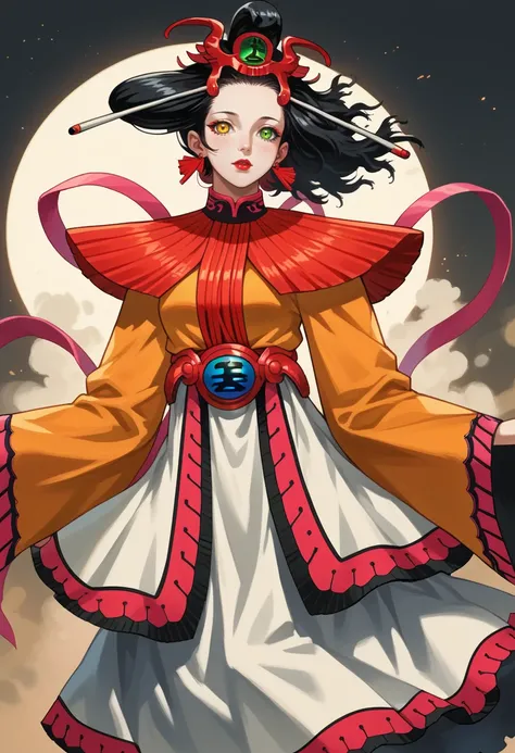 score_9, score_8_up, score_7_up, source_anime BREAK 1girl, cowboy shot
<lora:zs_XiWangmuXL_2:1> xiwangmusmt, black hair, hair ornament, heterochromia, yellow eyes, green eyes, lipstick, makeup, earrings, red shawl, orange sleeves, hakama sleeves, white ski...