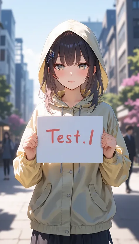 a girl is wearing a raincoat and holding a sign with the words test.1