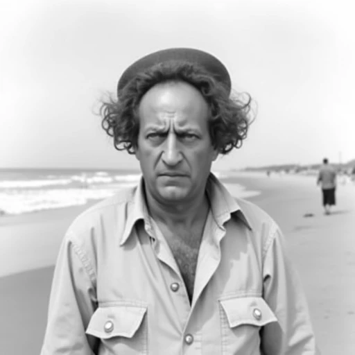 The image is a black-and-white photograph featuring a man with a distinctive appearance. He has a medium build and is wearing a loose-fitting, This is a black and white photograph of a man, slightly wavy manner that peeks out from under the cap. He has a s...