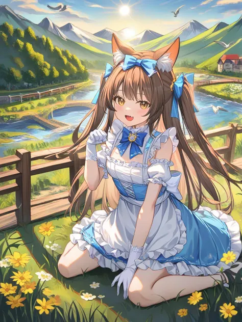 1girl,animal ears,animal ear fluff,very long hair,brown hair,blue bow,hair bow,two side up,brown eyes,yellow eyes,blush,open mouth,smile,:d,blue bowtie,white shirt,apron,frills,puffy short sleeves,blue dress,sleeveless,detached sleeves,frilled sleeves,whit...