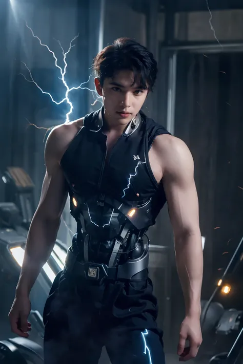 (best shadow, an extremely delicate and beautiful, bloom), Blur, depth of field, dramatic lighting, 1boy, male focus, cyborg, control lightning, biomechanical, mechanical parts, mechanization, mechanical legs, black eyes, black hair, black lightning, film ...