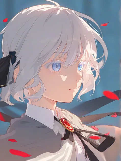 1girl,solo,petals,colored eyelashes,brooch,ribbon,hair ribbon,1girl,short hair,white hair,closed mouth,jewelry,hair between eyes,eyelashes,shirt,collared shirt,black ribbon,blue eyes,from side,white shirt,grey capelet, 
<lora:ill-xl-01-void_0_1-000036:1>,