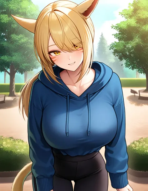 masterpiece, best quality, very aesthetic,uncensored,
BREAK
1girl, miqote, cat tail, cat ears,blonde hair, hair over one eye, yellow eyes, large breasts, long hair, low ponytail, smile, outdoors, park, blue hoodie, high-waist pants, yoga pants, black pants...