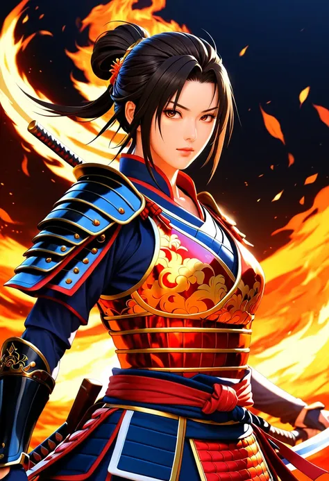 (masterpiece), (best quality), 2d anime style, Beautiful woman in sengoku jidai samurai armor, fiery aura, masterful composition, dynamic volumetric lighting, ray_tracing, reflection,  <lora:Anime_Style_Vauxz:0.8>