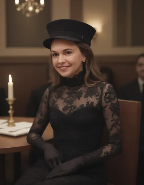 score_9, score_8_up, score_7_up, score_6,
a professional absurdres sharp-focus intricately detailed photograph of 1woman (Sutton_Foster:1.0), with an impish smile, 
wearing a lace turtleneck evening dress with gloves and a pillbox hat, sitting at a booth i...