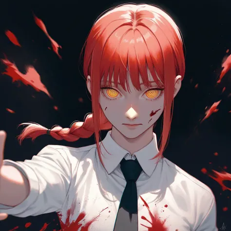 makima (chainsaw_man), red hair, bangs, single braid, ringed pupils, outstretched arm, finger bang, foreshortening, upper body, necktie, white collared shirt, dark background, blood splattered scenery, abstract, dirty screen, score_8_up, score_7_up, score_...