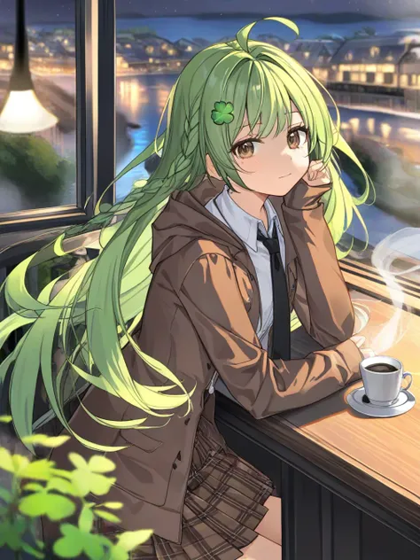 1girl,solo,long hair,looking at viewer,bangs,skirt,shirt,hair ornament,long sleeves,brown eyes,very long hair,closed mouth,jacket,white shirt,braid,ahoge,pleated skirt,green hair,open clothes,necktie,sky,collared shirt,hood,blurry,open jacket,sleeves past ...