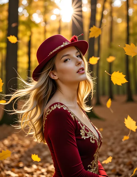 TH3LYM1A, A stunning, radiant woman is captured in a close-up portrait against the backdrop of a vibrant autumn forest, bathed in warm golden sunlight filtering through the leaves. She gracefully poses with her head tilted to the side, adorned in a dazzlin...