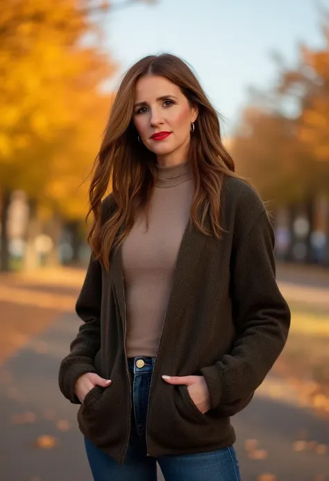 an amateur photo of mareilehoeppner, a 35 year old woman with long hair, wearing lipstick and modest casual autumn clothes on a sunny autumn day.