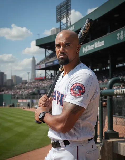 This is a photograph of a handsome, muscular man standing outside the dugout in a baseball game. He is bald with a beard. He has a baseball uniform. He is holding a baseball bat. He is looking at you. He has a serious face on. It is a sunny day in the base...