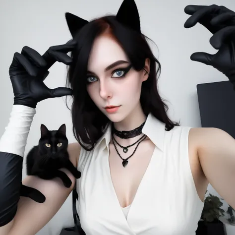 white dress, helmet removed, indoors, sleeveless, black cat, necklace, white shirt, black gloves, selfie