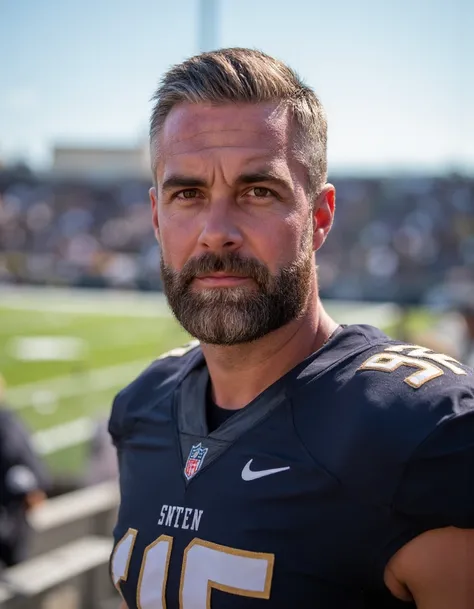 j@yh@rr1ng70n This is a photograph of a handsome, muscular man as a football playing in a football stadium. He has a beard. He has a football uniform. He does not have his helmet on.  He is looking at you. He has a serious face on. The football stadium is ...