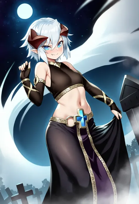 best quality, amazing quality, very aesthetic, absurdres,
1girl, isoldeygo, white hair, short hair, blue eyes, pointy ears, horns, fang, bridal gauntlets, crop top, navel, black long skirt, belt, bare shoulders,
smile, solo, looking at viewer, night, moon,...