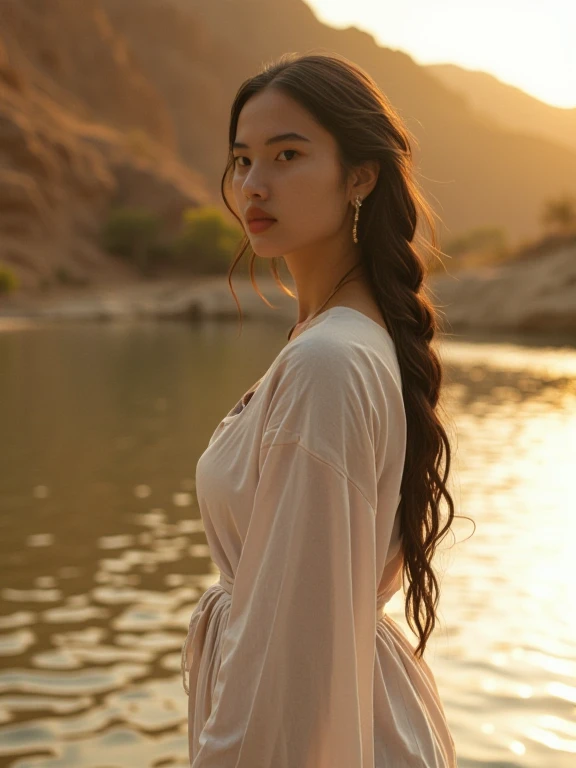 Authentic share, amateur quality photo in bad resolution. The image is slightly grainy and out of focus, with visible noise. A woman standing in the golden light of a desert oasis, wearing a loose-fitting, flowing white robe. Her hair is braided into intri...