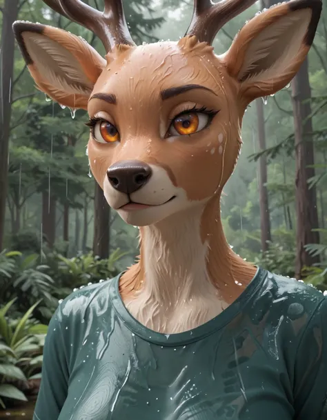 3d, render, realistic, detailed, deer, orange eyes, shirt, close up, bald, furry, furry female, snout, body fur, forest, raining, wet