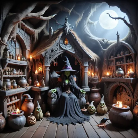 a witch in her cosy lair(Spooky_Lairs),