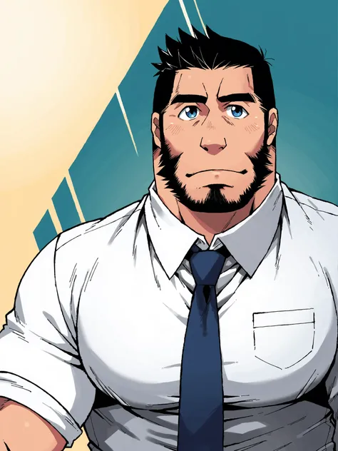 score_9, score_8up, score_7up, score_6up, score_5up, score_4up, abstract background, source_anime, rating_safe, BREAK
solo, mature male, beard, facial hair, blue eyes, black hair, big pecs, white dress shirt, necktie, BREAK
<lora:Neyukidou__Takaku_Nozomu_-...