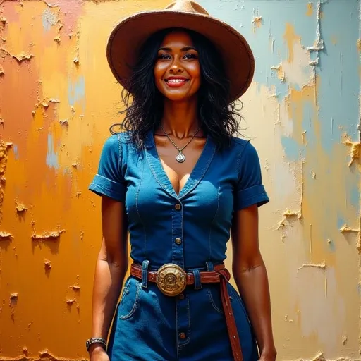 well-defined muscles visible on his arms, textured brushstrokes that create an almost sculptural quality. The woman, dark blue dress with short sleeves. She wears a wide-brimmed, manly, and abdomen., rich brown, outdoors, bowl, blue dress, black hair The i...