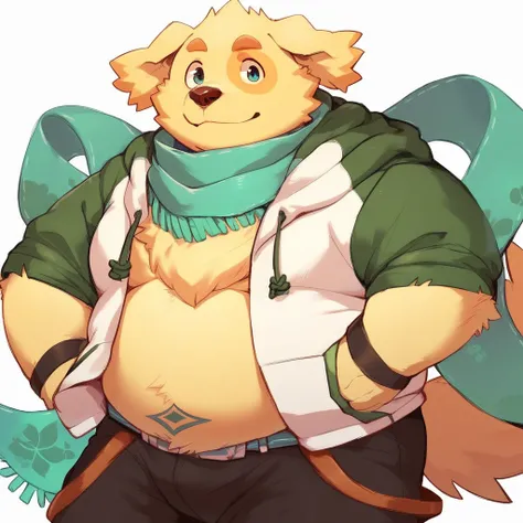 score_9, score_8_up, score_7_up, score_6_up, score_5_up, score_4_up, cu sith, furry, anthro, dog, golden retriever, chubby, fat, scarf, hoodie, sandals, pants, looking at viewer, smiling, standing up, posing, cute, :3 city background